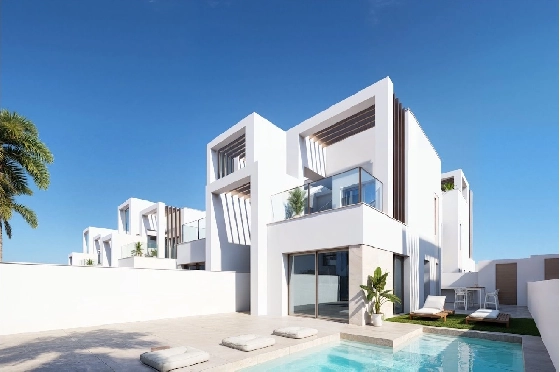 Eck-Reihenhaus in Los Alcazares zu verkaufen, Zona de estar 146 m², Zustand Erstbezug, Klimaanlage, Terreno 177 m², 3 Schlafzimmer, 2 Badezimmer, Pool, ref.: HA-LAN-480-Q01-1